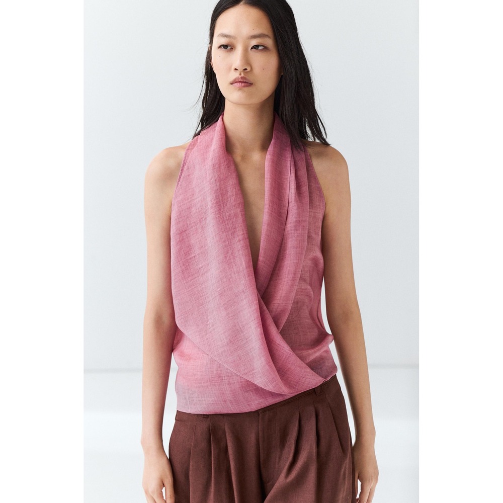 Massimo Dutti Pink 100% Linen Draped Crossover Halter Top Size M 5131/640/630